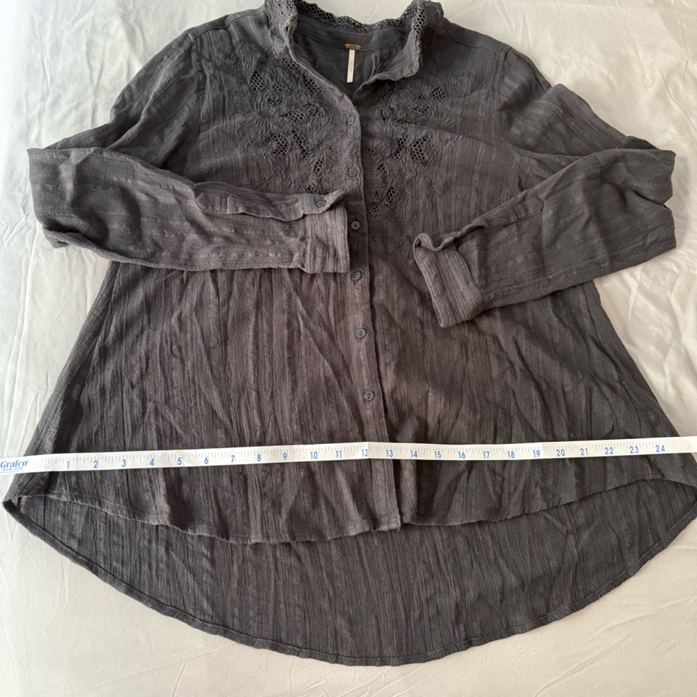 Free People Carter Dobby Dark Gray Embroidered Button Down Shirt, Medium - Picture 9 of 13